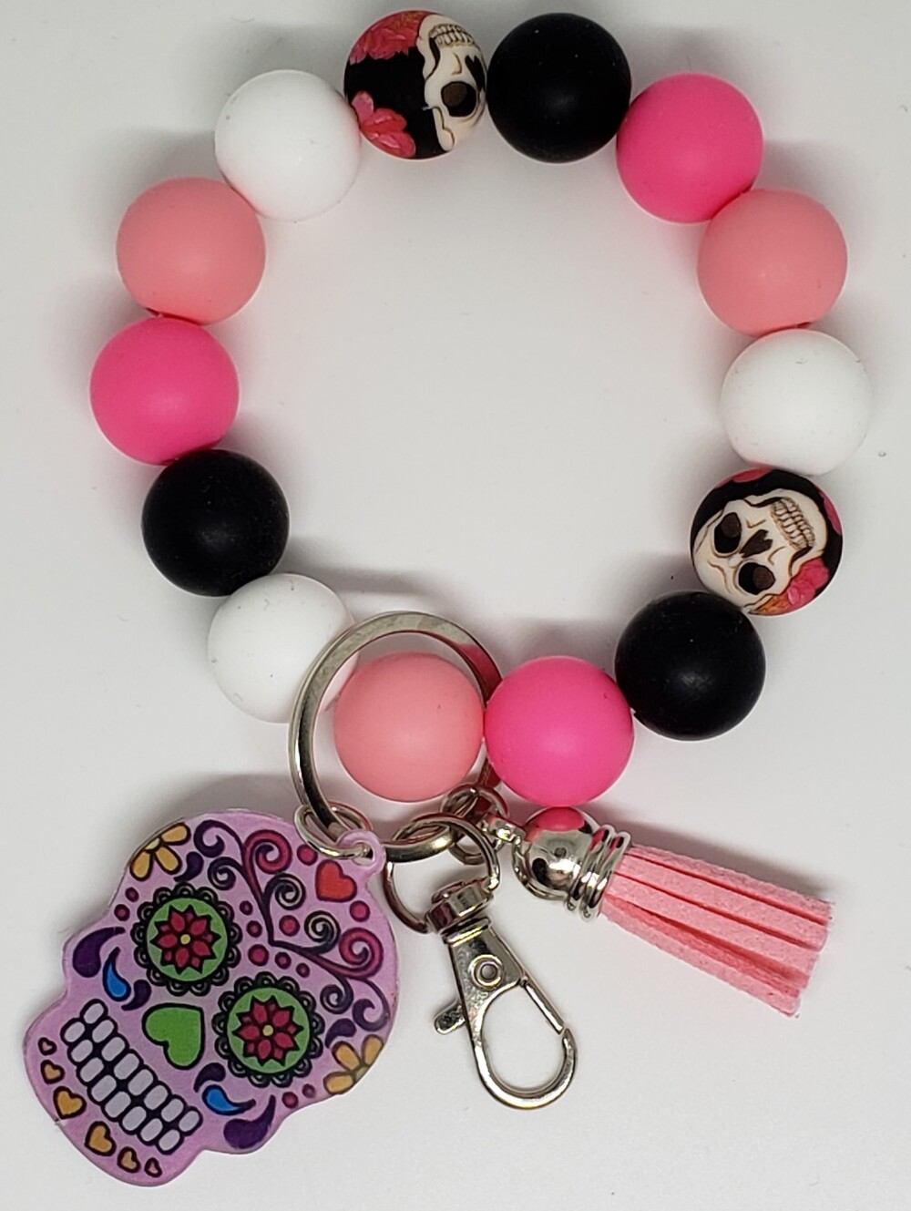 Handmade Pink Black Sugar Skull Silicone Beaded Wristlet Keychain